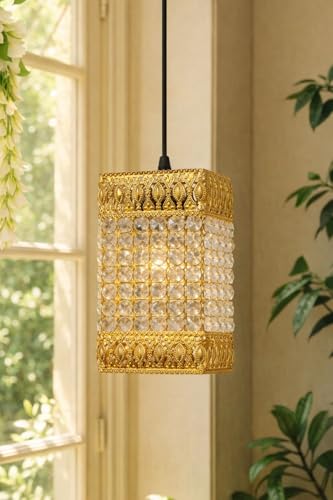 Image of Modern Crystal Pendant Light | Gold Hanging Ceiling Lamp with Crystal Beads | Luxury Decorative Chandelier Light for Living Room, Bedroom, Dining Area (Regal Crystal Tower)