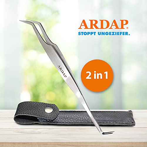 ARDAP Zeckenzange und Zeckenhaken - 2in1 Zeckenpinzette aus Edelstahl im Leder-Etui - Einfache & effektive Zeckenentfernung - Premium Zange für Hunde, Katzen & Mensch