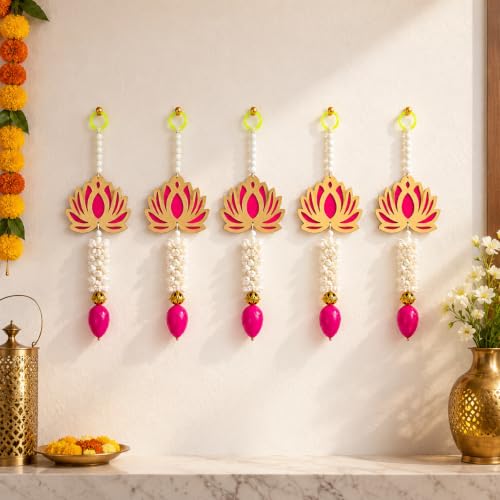Image of JH Gallery Lotus Bud Tassel Hanging - Handmade Ganpati Decoration Setup for Home, Ganesh Chaturthi Mandap Decor, Pooja Room, Temple & Door Hanging (13 Inch, Pack of 5)