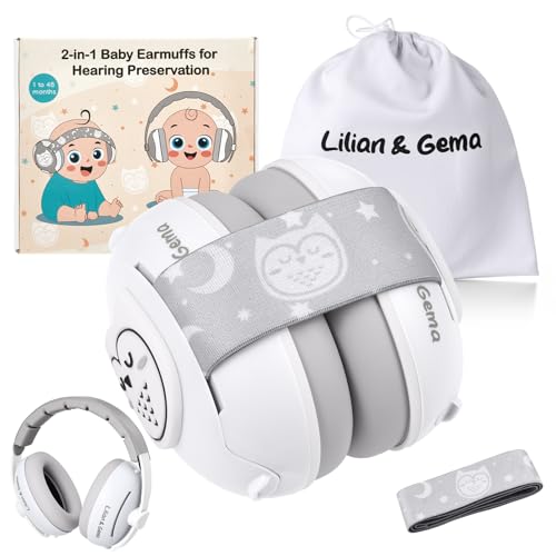 Lilian&Gema 2 en 1 Cascos Bebe Antiruido Protectores auditivos para bebés，Diadema Ajustable, Antideslizante y sin Presión.Protección auditiva ideal para bebés de hasta 48 meses de edad（Blanco）