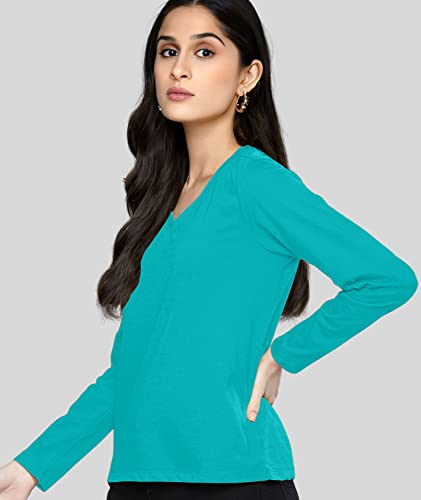 Image of Premium Plain Women V Neck Full Sleeves Cotton Tshirt. Festive,Offer,Discount,Sale,Limited Edition, Trending Tees and Tshirts.