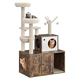 FinerFurnis Modern Wooden Cat Tree Tower with Hidden Litter Box – Multi-Level Condo, Sisal Scratching Posts, Hammock, Soft Perch & Basket – Integrated Cat Furniture for Indoor Cats, Vintage Brown