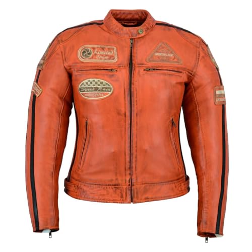 Veste de moto en cuir pour femme orange en taille S idéale pour le touring