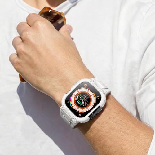 Image of amBand Bands Case Screen Protector Compatible with Apple Watch Ultra 3 /2 /1 49mm, M1 Sport Series Rugged Cover Strap and 9H Tempered Glass Film, Protective Bumper for iWatch 49 mm Men White
