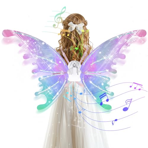 GOLDGE LED Electric Fairy Wings for Girls, Moving Butterfly Wings with Lights & Music, Toy for Halloween, Valentine, Birthday, Christmas, Party Costume, Princess Cosplay and Dress-Up (Multicolored)