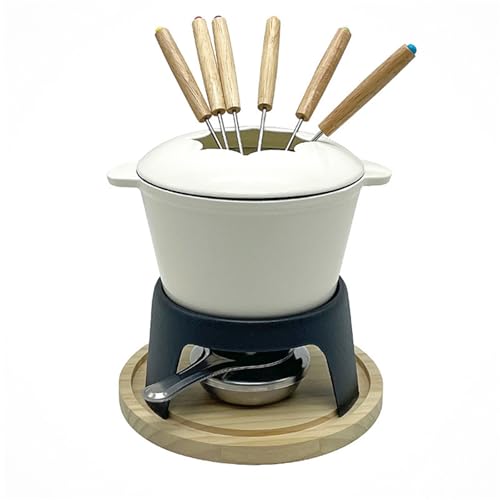 KANLVU Smalto Ghisa Set Fonduta di Cioccolato Pentola per Zuppa Formaggio Pentola per Fonduta Cioccolato per Feste, Eventi, Matrimoni Set Scaldaburro(Bianca)