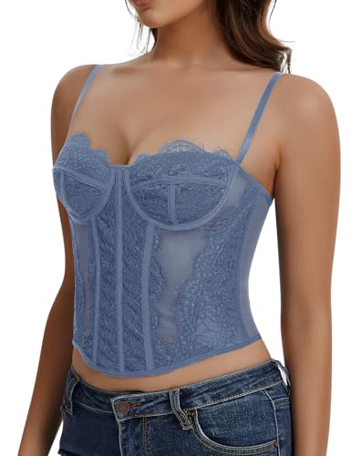 Image of Lace Corset Tops for Women Sexy Going Out Bustier Top Sleeveless Adjustable Straps Crop Tops with Back Hooks