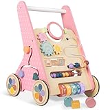Wooden Baby Walker with Wheels, Push Walker for Baby Boy 12 Months, Baby Activity Center Sit to Stand Walker Small Size