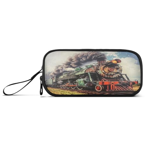 Image of Caikeny Pencil Case Steam Train Railway Station Pen Bag Truck Large Capacity Pencil Box Pen Pouch with Zipper Cosmetic Organizer for Kids Teens Adults