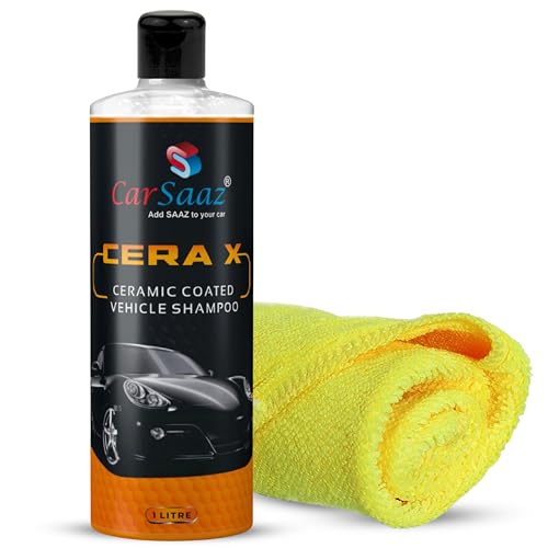 Image of CAR SAAZ Cera X Ceramic Car & Bike Wash Shampoo 1 Litre with Microfiber Cloth 380 GSM | Car Shampoo for Ceramic Coated Vehicles | pH Neutral, Super Suds, Highly Effective (1000 ml)