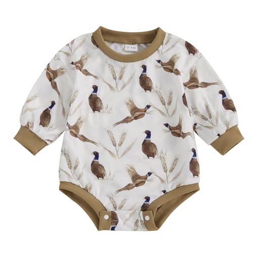 Image of Fuethsuy Infant Baby Boy Girl Hunting Outfit Mallard Duck Sweatshirt Romper Long Sleeve Bubble Romper Oversized Fall Clothes (Khaki while, 6-12 Months)