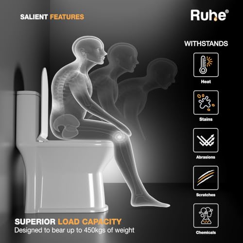 Image of Ruhe Oreo One-Piece Western Toilet with 3D Siphonic Flushing System| S-Trap | White Glossy Ceramic | 26 x 13 x 29 inches | Soft-Close Seat Cover | Dual Flushing | Floor Mounted Western Commode
