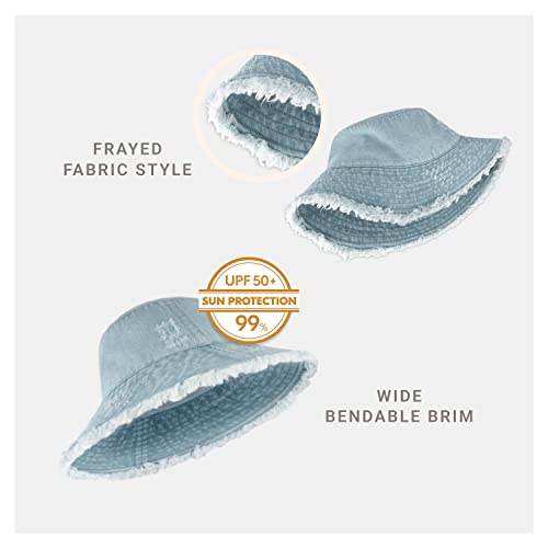 Chok.lids Frayed Bucket Hats For Women Men Unisex Trendy Washed Cotton Floppy Wide Brim Boonie Outdoor Summer Beach Headwear (Undercool Denim) #TOP1