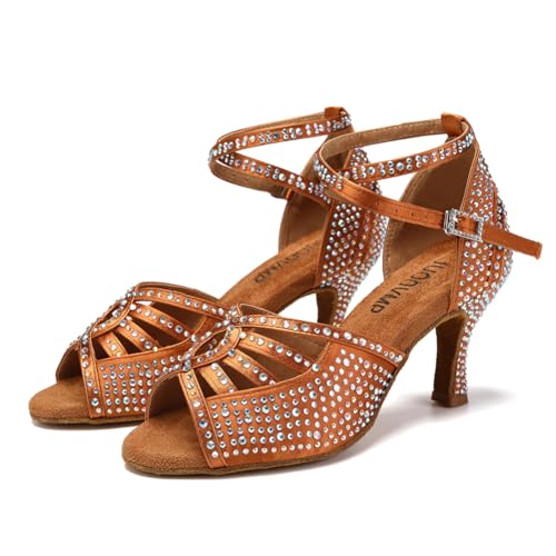 Image of JUODVMP Women's Latin Dance Shoes Rhinestones Satin Ballroom Dancing Shoes Salsa Professional Dance Shoes