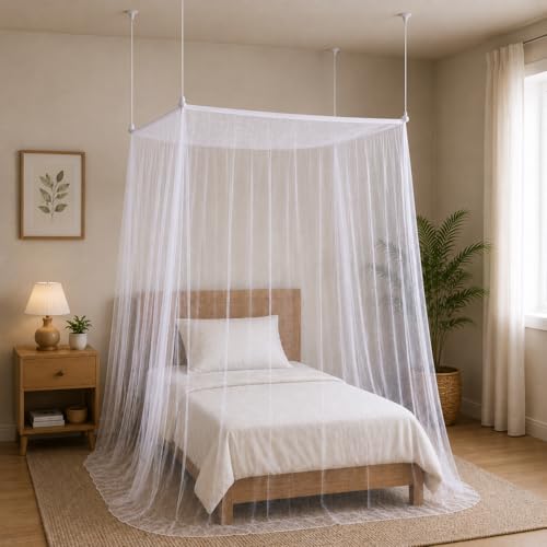 Image of Single Bed Mosquito Net 4x6.5 Feet | Hanging Mosquito Net for Single Bed | Fine Mesh Protection Net for Adults & Kids | Easy Installation | White