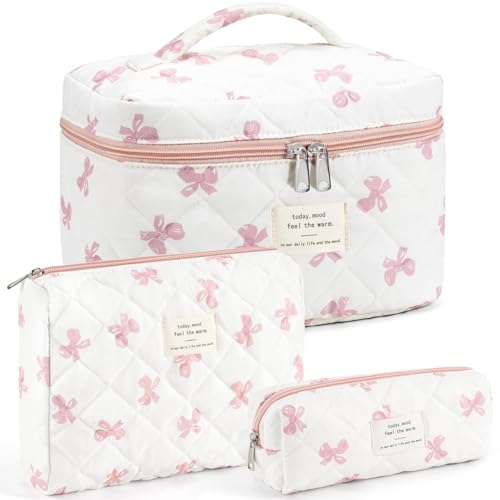 UUYUUY Makeup Bag for Women 3PCS Quilted Cotton Make Up Bag Travel Cosmetic Bag Large Makeup Bag Set Cute Bow Makeups Purse Organizer Floral Toiletry Pouch