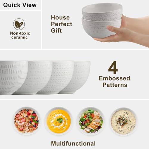 Zestaw 4 misek śniadaniowych z Reliefmuster, miska na płatki, średnica 11,5 cm, miska kuchenna, miska śniadaniowa do zupy, ceramiczne miski do muesli, przekąski, ramen lub deser (biały)