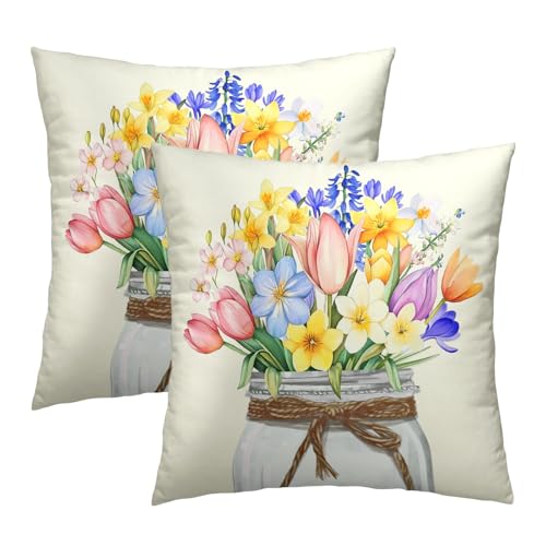 Mweet Spring Floral Pillow Covers 16x16, 2Pcs Set Easter Colorful Wildflowers Leaves Mason Jar Nature Seasonal Pillow Cases Soft Cotton Square Cushion Cover for Couch Bed Sofa Home Decor