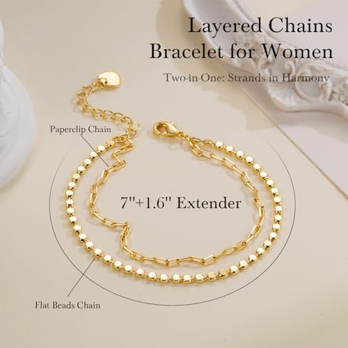 VSNPO Gold Bracelets for Women 14K Gold Bracelets for Women Double Layer Bracelet for Womens Stylish Flat Bead & Paperclip Link Chain Bracelet for Womens2