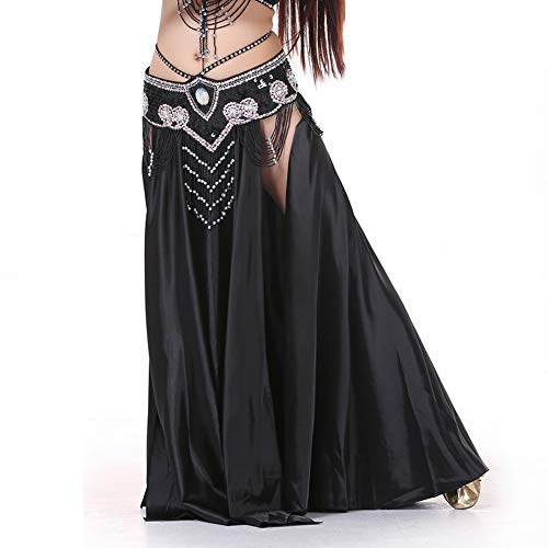 Munafie Belly Dance Skirt Two Side Slit Satin Skirt Black #TOP5