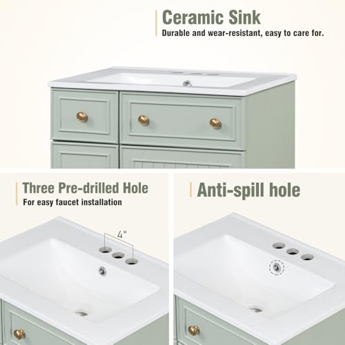 Image of 24 Inch Bathroom Vanity with Ceramic Sink, Freestanding Vanity Cabinet with 2 Drawers and 1 Door (Green)