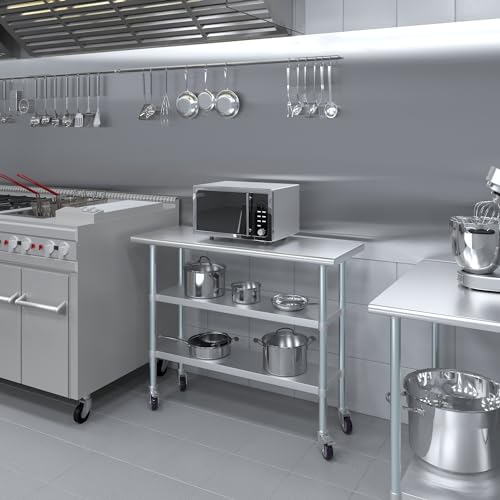 Image of AmGood Stainless Steel Work Table with 2 Shelves and Casters | Metal Utility Table On Wheels (Stainless Steel Work Table with 2 Shelves + Casters, 48 inch Long x 18 inch Deep)