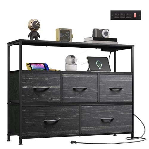 WLIVE Dresser for Bedroom with 5 Drawers，Fabric Dresser with Charging Station,Chest of Drawer with...