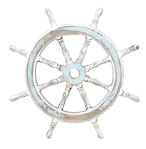 Deco 79 Wood Sail Boat Home Wall Decor Distressed Ship Wheel Wall Sculpture with White Accents, Wall Art 24" x 2" x 24", Blue