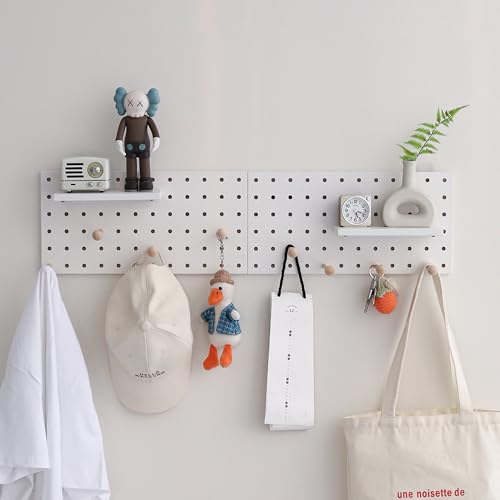 Image of Wooden Pegboard Accessories Set: Modular Wall Hooks & Shelf for Garage, Office & Home Organization(White Colored Finish-B)