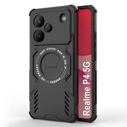Image of amazon basics Back Case Cover for Realme P4 5G | Magnetic Case with Built-in Metal Ring | Supports MagSafe Charger, Wallet & Car Mount | Shockproof Hybrid PC + TPU | Black