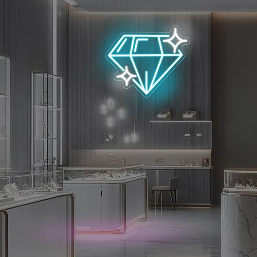 Image of Diamond Neon Sign Alluring Brightness Sparkling Sapphire Diamond LED Light | USB Powered Dimmable LED Light for Jewelry Makeup Stores Bars Parties & Home Decor Gift for Lover 13 inchx14.8 inch
