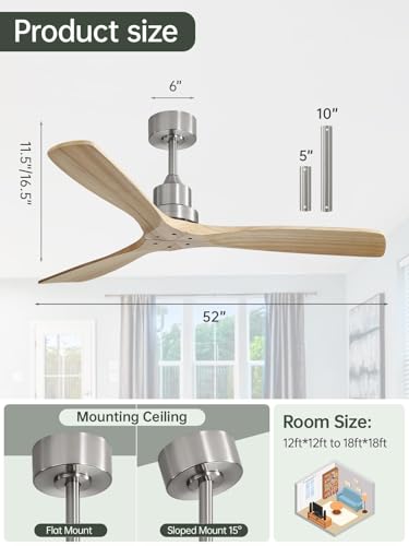 Image of Sofucor 52 Inch Smart Wood Ceiling Fan No Light, Alexa /App /Remote Control | Without Light, Modern, 3 Blade, Quiet Reversible DC Motor, 6 Speeds, Indoor /Outdoor /Bedroom /Living Room /Patio, Natural Wood