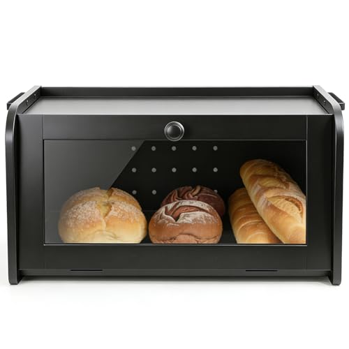 Fulin Bread Box for Kitchen Countertop,Black Bread Storage Container Large Capacity Bamboo Homemade Bread Boxes,Bread Food Holder Organizer with Acrylic Window for Kitchen Counter,Panry Shelf,Cabinet
