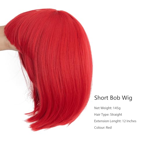 Image of Rose bud Red Wig Bob Straight 12 Inch Short Hair Cosplay Wigs for Women Costume Party Halloween