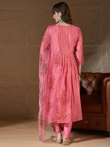 Image of Women's Chanderi Kurta with Legging and Dupatta | Modern & Traditional Blend Ethnic Wear Set | Festive & Casual Summer Kurti with Pants for Party Office & Ethnic Occasions