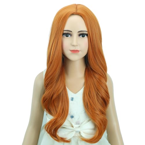 Image of Ginger Wig for Kids Girls Long Ginger Orange Wavy Curly Wig Child Long Orange Part Wigs Heat Resistant Synthetic Wigs with Hairnet