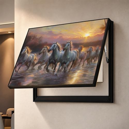 Image of Electric MCB Box Cover Frame With Hydraulic Decorative Painting White 7 Running Horse Painting Electrical Panel box Cover, Switch Box Frame Will Fit Max 10x14 inch Switch Board, Outer Size 17X23 Inch