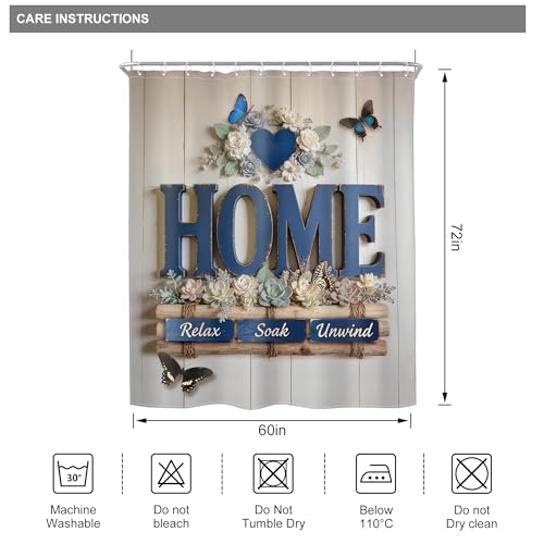 Image of Riyidecor Rustic Floral Shower Curtain Blue Wood Country Farmhouse Flowers Botanical Plant Leaf Wooden Home Vintage 60Wx72H Inch Love Words Fabric Decor Bathroom Polyester Waterproof 12 Pack Hooks