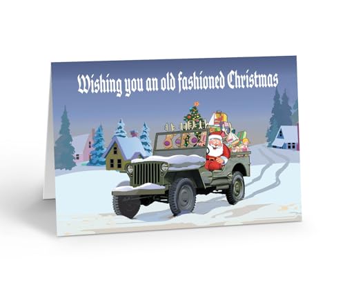 Cartes de vœux de Noël rétro, Père Noël en véhicule militaire vintage
