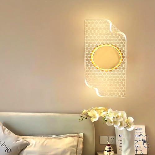 Image of Groeien Pack of 2 | 15watt LED Sconce Honeycomb Pattern Modern Transparent Indoor Home Acrylic Wall Lamp for Bedroom, Livingroom, Indoor- Warm White (Honeycomb-wall, 2)