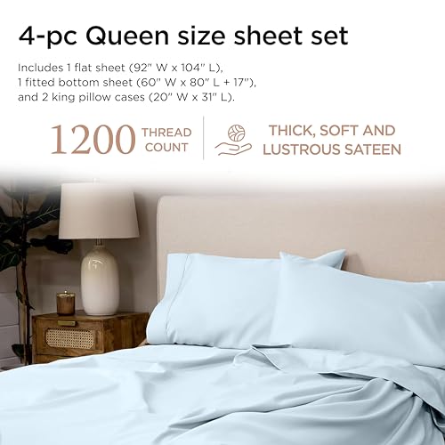 Image of Threadmill 1200TC Supima Cotton Queen Sheet Set, Sateen, Light Blue | 100% Supima Cotton, Sateen Weave, 4-Piece Set, 17 inch Deep Pocket, All-Around Elastic, Hotel Quality, OEKO-TEX Certified