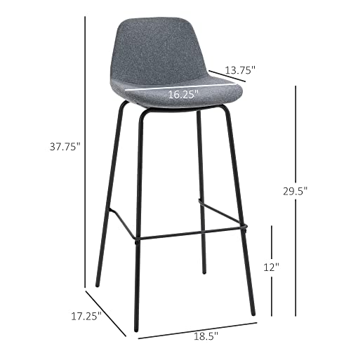 Homcom 29.5" Bar Stools Set Of 2, Upholstered Extra Tall Barstools, Armless Bar Chairs With Back, Steel Legs, Grey #TOP2
