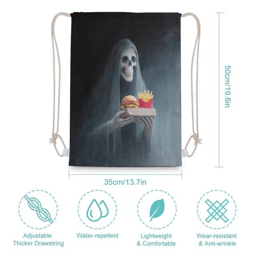 Ghost Holding Cheeseburger And Fries Drawstring Backpack Canvas String Bag Lightweight Sports Gym Bag for Men Women2