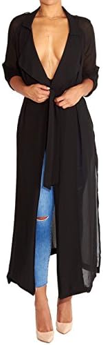 Begonia.K Women's Long Sleeve Chiffon Lightweight Maxi Sheer Duster Cardigan (Black, X-Large)