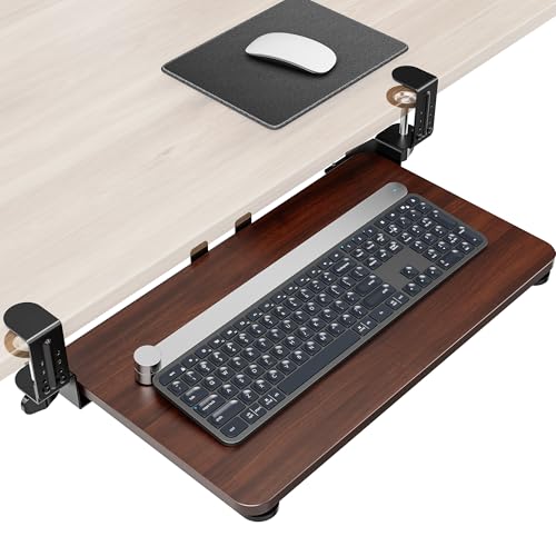Zontera Ergonomic Mouse & Keyboard Tray Under Desk, Pull Out with Adjustable C-clamp, 20 (25.9 Including Clamps) x 11.8 Inch Slide Out Computer Keyboard Drawer Mouse Tray for Typing, Walnut