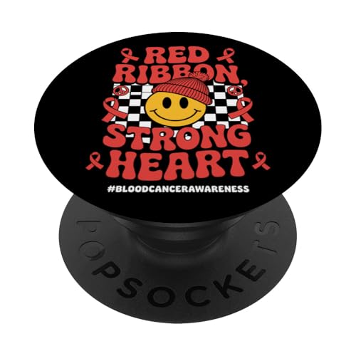 Red Ribbon Strong Heart Blood Cancer Awareness PopSockets PopGrip Adhésif