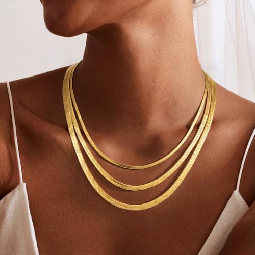 Gold Necklace for Women, 18K Gold Plated Layered Herringbone Necklace Choker Chain Necklaces Dainty Gold Necklaces Waterproof Jewelry for Women Non Tarnish2