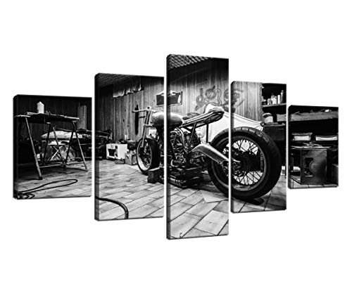 Vintage Motorcycle Workshop Bedroom Canvas Wall Art for Living Room Home Decor HD Print Pictures Paintings Posters Artwork Room Decor Framed 5 Pcs Gifts Black and White (60