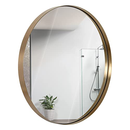 Hamilton Hills 30 Inch Large Gold Round Mirror Brushed Metal Framed | Contemporary Classic Deep Set Design | Wall Mount Circle Mirror For Home Decor | Round Vanity Mirror For Bathroom And Bedroom #TOP3