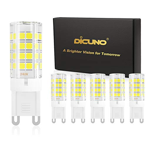 DiCUNO G9 LED Bulb, 4W 40W Halogen Equivalent, Daylight White 6000K, Energy Saving Bi-Pin LED Light Bulbs for Chandelier, Non-dimmable, AC100-240V, Pack of 6